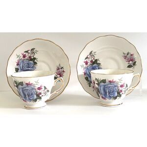 VTG Royal Vale Bone China Teacup & Saucer Set Blue Rose England Gold Floral Pair